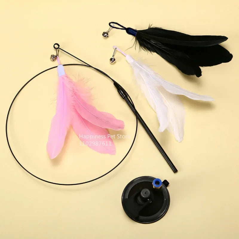 Cat Teaser Wand with Bell – Suction Base & Replaceable Feather