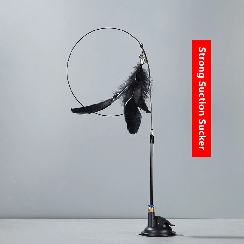 Cat Teaser Wand with Bell – Suction Base & Replaceable Feather