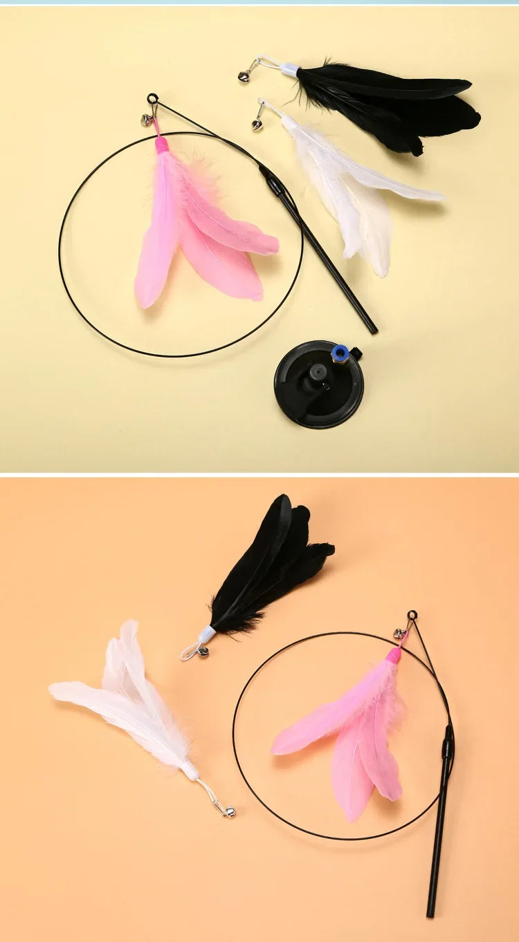 Cat Teaser Wand with Bell – Suction Base & Replaceable Feather