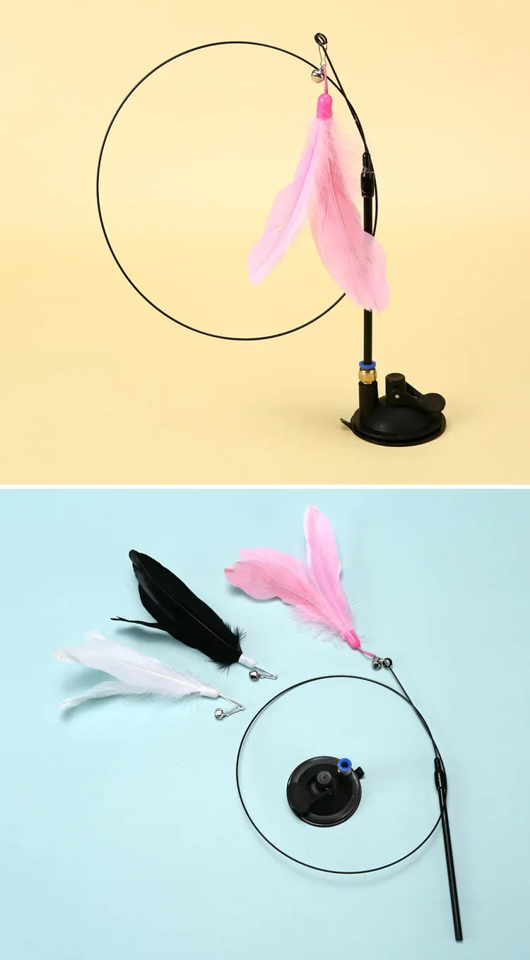 Cat Teaser Wand with Bell – Suction Base & Replaceable Feather