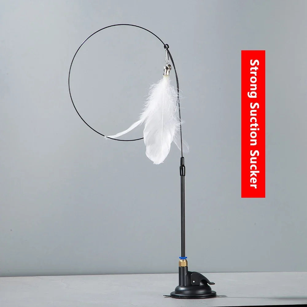 Cat Teaser Wand with Bell – Suction Base & Replaceable Feather