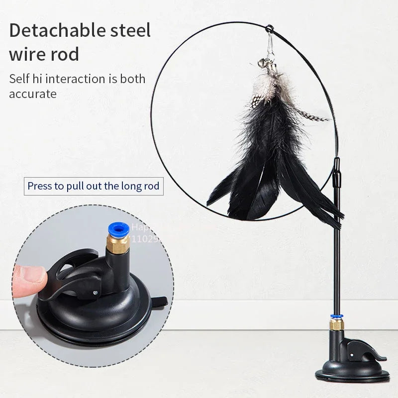 Cat Teaser Wand with Bell – Suction Base & Replaceable Feather