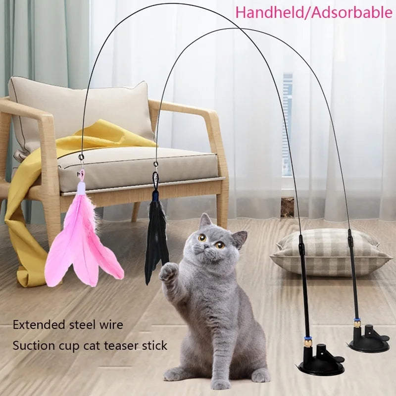 Cat Teaser Wand with Bell – Suction Base & Replaceable Feather