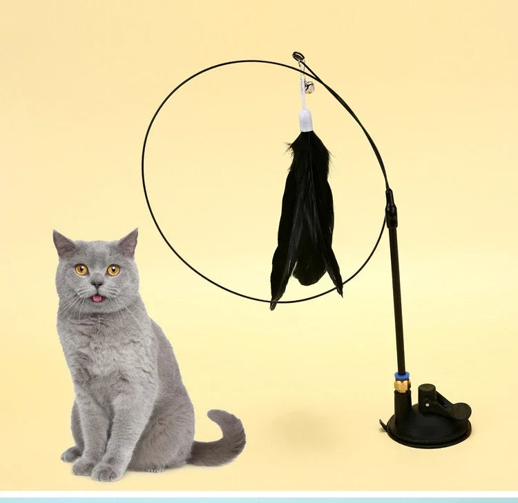 Cat Teaser Wand with Bell – Suction Base & Replaceable Feather