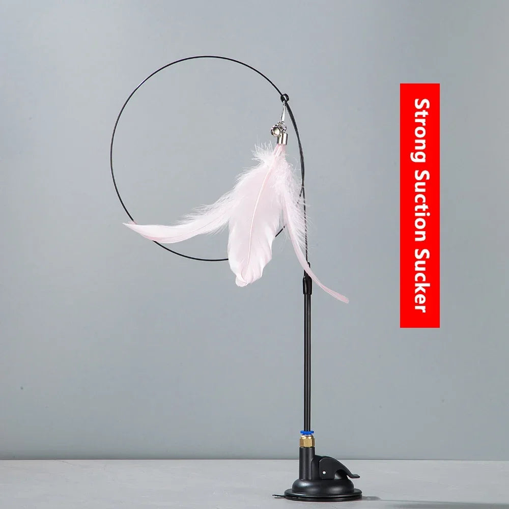 Cat Teaser Wand with Bell – Suction Base & Replaceable Feather