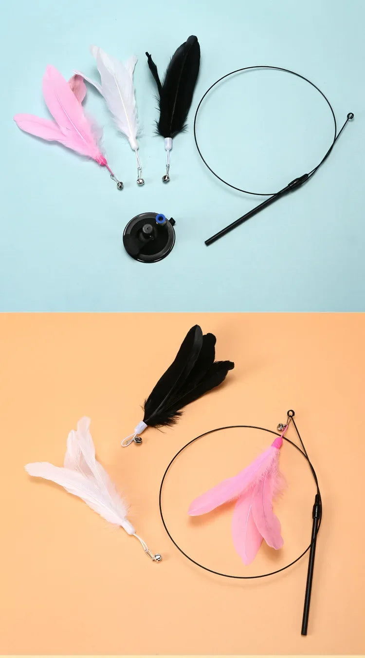 Cat Teaser Wand with Bell – Suction Base & Replaceable Feather