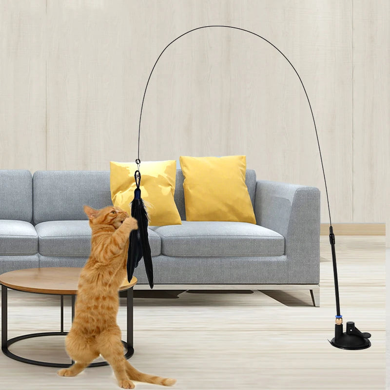 Cat Teaser Wand with Bell – Suction Base & Replaceable Feather